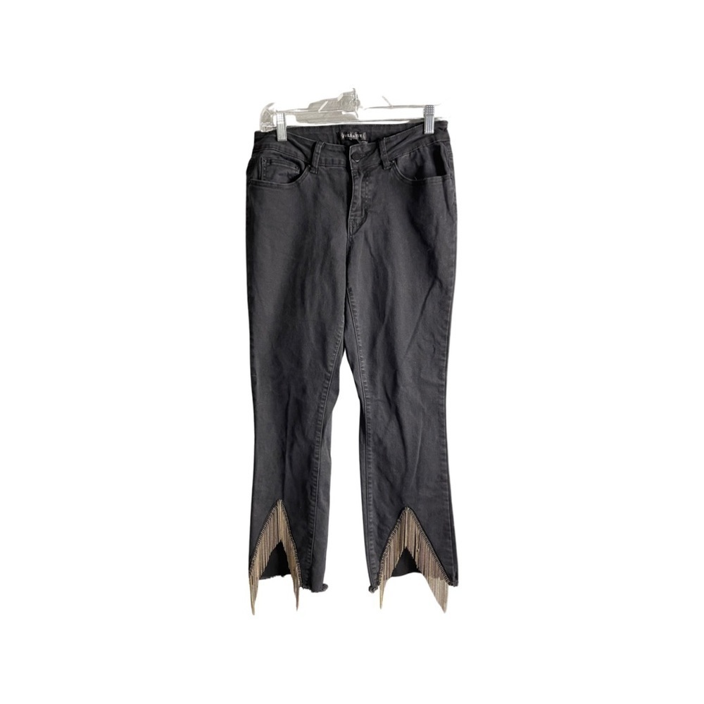 Juliette black women size 10 fringe chain raw hem stretch waist jeans.